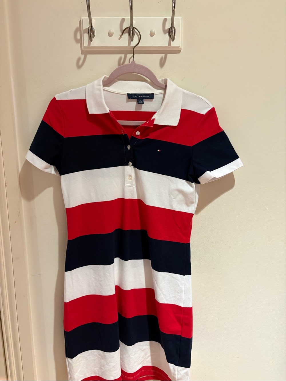 Tommy Hilfiger White Polo Top with Red Accent and Navy Label